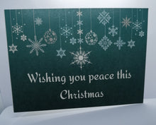 Load image into Gallery viewer,  The &#39;Alex&#39; was designed by Vilomah co-founder Claire in honour of her daughter Alex. Our other co-founder Jen design the &#39;Jess&#39; for her daughter.  The Alex Card is a beautiful dark teal ombré design with a twinkly Christmas decoration motif. The message reads &quot;Wishing you peace this Christmas&quot;.  
