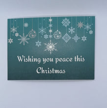 Load image into Gallery viewer,  The &#39;Alex&#39; was designed by Vilomah co-founder Claire in honour of her daughter Alex. Our other co-founder Jen design the &#39;Jess&#39; for her daughter.  The Alex Card is a beautiful dark teal ombré design with a twinkly Christmas decoration motif. The message reads &quot;Wishing you peace this Christmas&quot;.  
